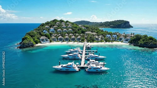 A breathtaking aerial view of a luxurious tropical island resort, featuring elegant hillside villas, a pristine white sand beach, and a bustling marina with numerous gleaming white yachts moored in cr