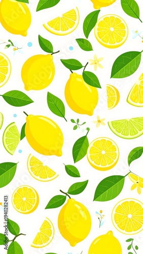 A vibrant pattern of lemons and limes with green leaves on white