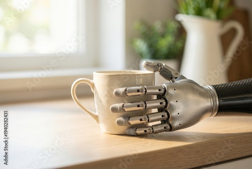 Assistive technology prosthetic robotic hand holding ceramic coffee mug on kitchen countertop, advanced bionic limb demonstrating independent living, lifestyle concept in home interior, copy space