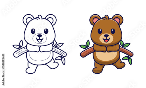 Cute bear on wood cartoon coloring pages for kids