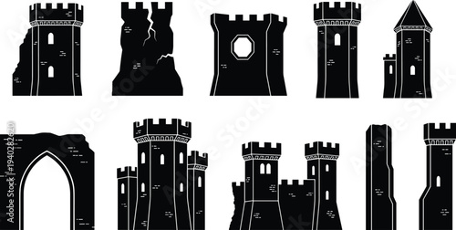 Black silhouette collection of medieval castle towers, fortress walls, ruined gate, and fantasy citadel buildings isolated on a white background for design.