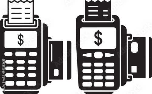 Black silhouette icons of a payment terminal with a credit card and receipt, for finance and retail