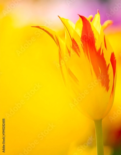 A vibrant yellow tulip with red streaks