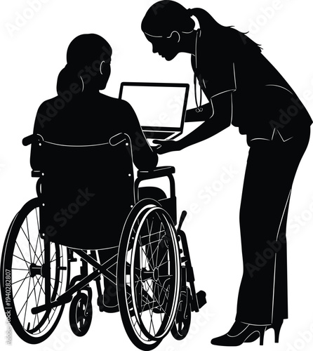 Nurse assisting patient in wheelchair using laptop silhouette, healthcare support concept, medical caregiver helping disabled person with technology