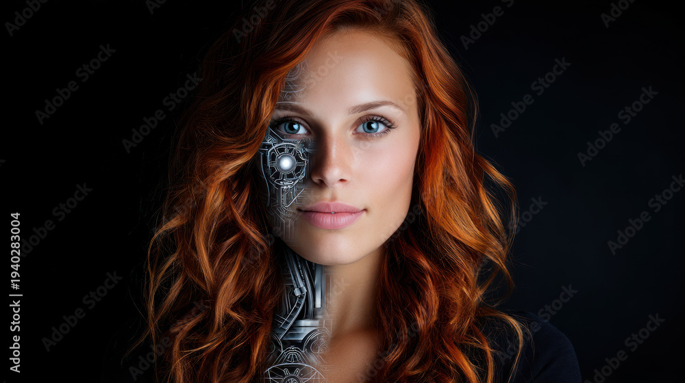 Naklejka premium Portrait of a woman with red hair with a half robot face. Artificial Intelligence, Futuristic Digital Technology, Metaverse of Digital Intelligent World