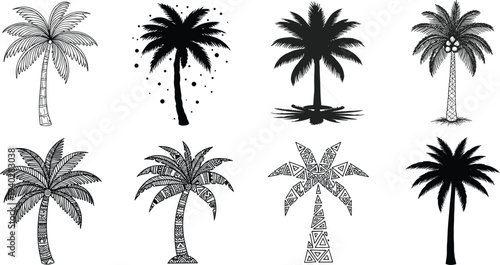 Palm tree silhouettes set with tropical coconut palms, decorative summer beach plants collection for island landscape design illustration