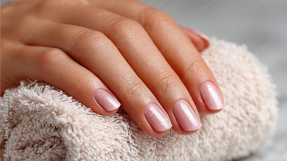 Naklejka premium Woman hands with pale manicure resting on white towel in spa salon. Nail care, beauty treatment, self care, wellness routine.