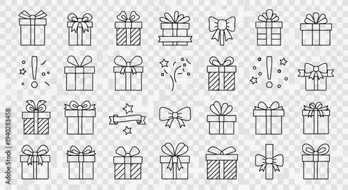 Set of gift boxes and bows doodle line art icons, various present boxes with ribbons and decorative elements, birthday surprise or christmas holiday celebration