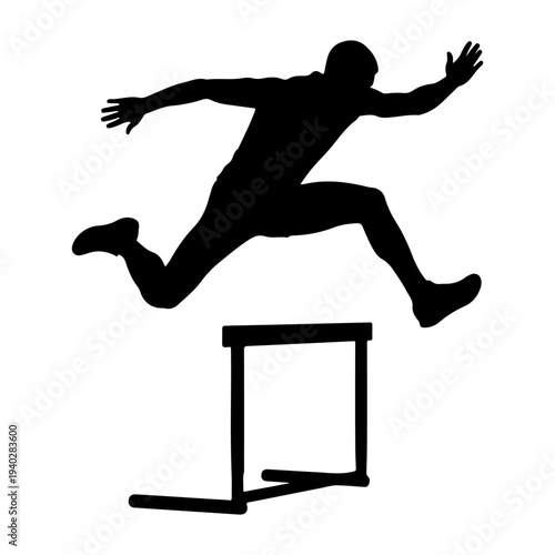 Athlete jumping over hurdle silhouette vector illustration, flat design graphic