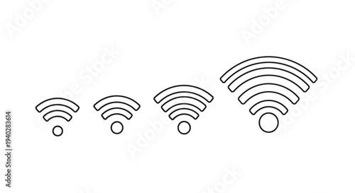 Set of four wifi signal strength indicators in a linear style, depicting varying levels of wireless network connectivity from weak to strong signal