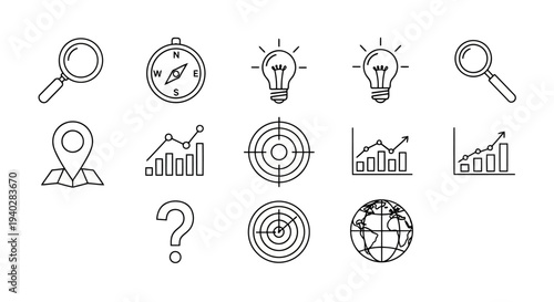 Collection of line art icons representing search, navigation, ideas, data analysis, and global reach for business and strategy planning concepts