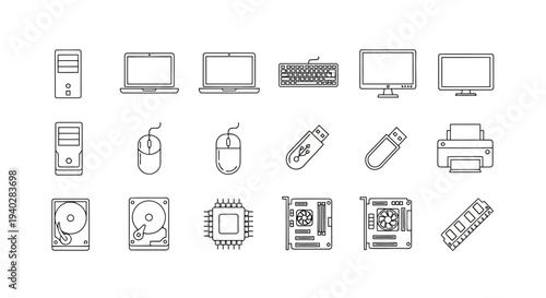 Set of computer hardware and peripheral vector line icons, including desktop, laptop, keyboard, monitor, mouse, USB drive, printer, hard drive, CPU, motherboard, and RAM