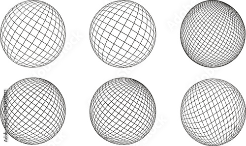 Wireframe spheres illustration, 3D geometric grid design, abstract spherical mesh, computer graphics visualization, mathematical concept, vector art, digital modelingWireframe spheres illustration, 