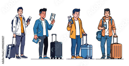 Journey Begins: A collection of four individuals, each poised with luggage and travel documents, ready to embark on a new adventure, filled with anticipation and the promise of discovery.