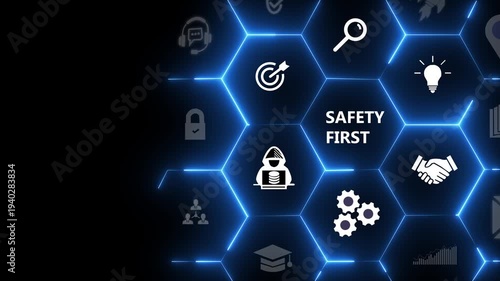Safety first and work safety concept. Safety at workplace, safety first, protections, health, regulations and group insurance. Working standard process. Zero accidents. Operational excellence concept