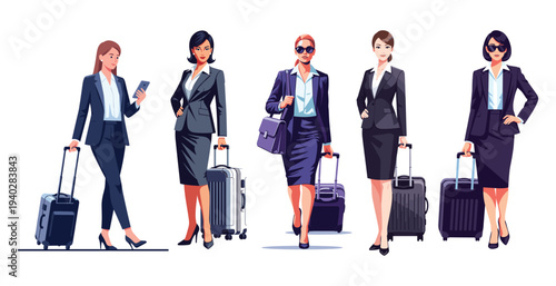 Businesswomen on the move: A group of confident businesswomen, each with their own unique style, are captured walking with their luggage.
