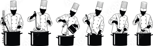 Professional chef cooking soup in large pot, stirring ladle in restaurant kitchen, culinary preparation process with steam and boiling food