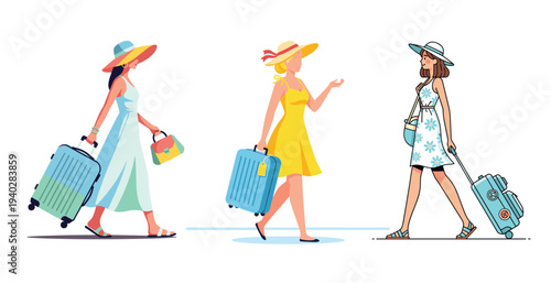 Ready for Adventure: Three elegantly dressed women embark on their travel journeys, each with a vibrant suitcase and stylish hat, embodying the spirit of wanderlust. 