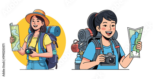 Joyful Adventurers: Two young female adventurers, each equipped with a backpack, camera and map, are ready to begin their travel. One of them is also wearing a hat. they are in joyful