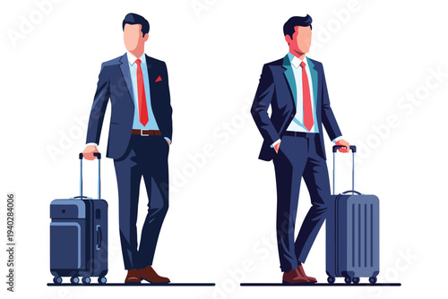 Ready for Departure: Two elegantly dressed men, poised and ready, stand beside their travel suitcases, embodying the spirit of business trips or leisurely getaways.