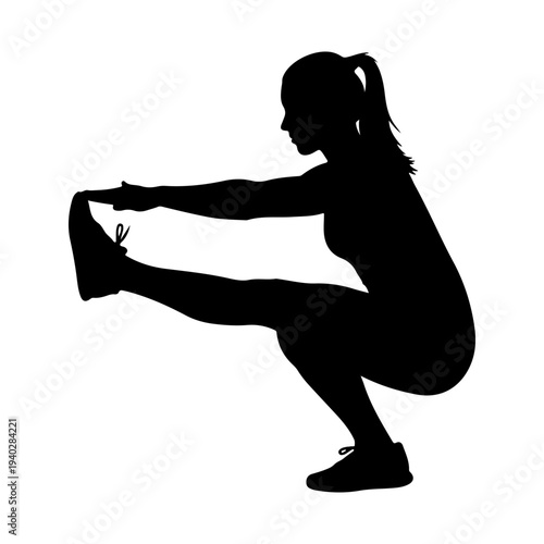 Woman performing pistol squat silhouette, fitness exercise, vector illustration