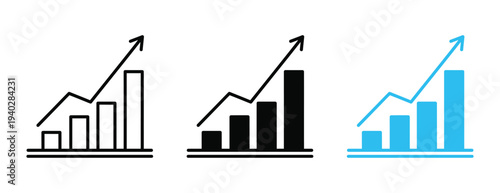 Collection of three bar graph icons with upward trending arrows