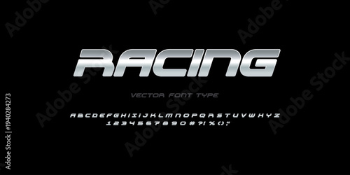 RACING - sports style font type with bold chrome metalic letters and numbers alphabet, geometric text design for sports logos, dynamic typography set for branding - editable vector font	
