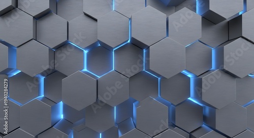 A futuristic metallic honeycomb pattern with blue glowing lines