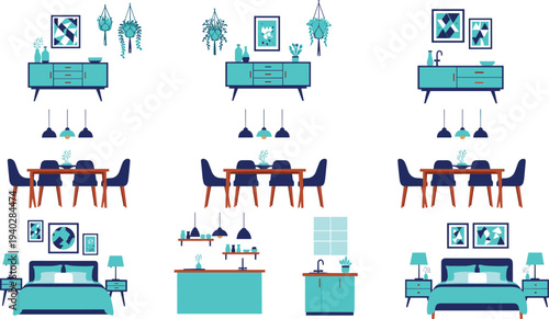 Stylized illustrated interior home settings, modern furniture arrangements, dining, bedroom, kitchen decor inspiration, 