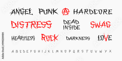 Grunge type font with Gothic style tee print designs of Love, Punk, Rock, Dead Inside, SWAG. Trendy Y2k Ghotic tattoo font concept with ark lettering alphabet in Rock n Roll style. Editable vector