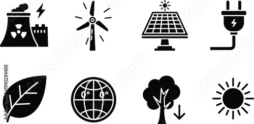 Renewable and nonrenewable energy icons set, solar panel wind turbine nuclear plant plug leaf globe sustainability vector symbols