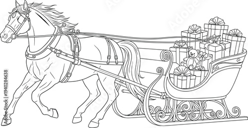 Black and white holiday illustration, horse pulling decorative sleigh with presents and teddy bear, Christmas festive transportation artwork design showcase
