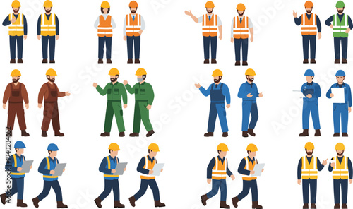 Illustrated construction and industrial workers in uniforms, teamwork, occupational safety roles, engineering staff, manual labor, workplace diversity artwork design showcase