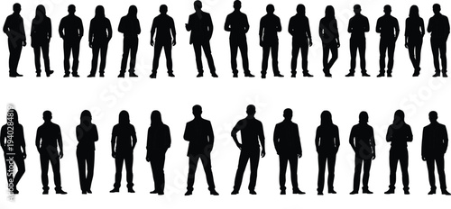 Silhouettes of diverse group of people, standing postures, casual and professional stances,