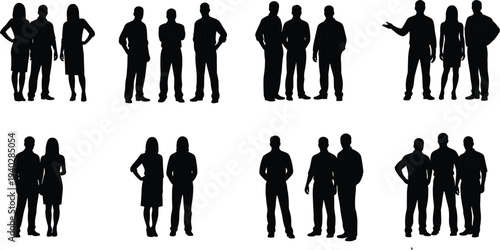 Silhouettes of diverse individuals in standing poses, casual and professional gestures, holding objects, body language illustration, crowd concept artwork design