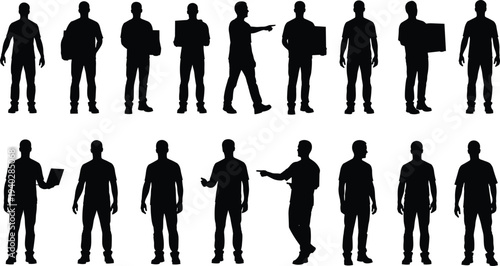 Silhouettes of diverse individuals in standing poses, casual and professional gestures, holding objects, body language illustration, crowd concept artwork design
