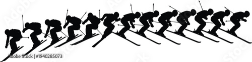 Skier motion sequence silhouette illustration, downhill skiing sport movement progression, winter athlete action frames isolated vector design