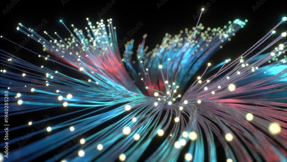 Obraz premium Optical fibers emitting colorful light in dark background.