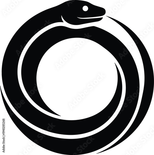 snake ouroboros silhouette symbol, serpent eating its tail forming circle, ancient mythology infinity sign vector illustration isolated