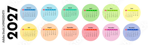 Calendar for 2027 isolated on a white background