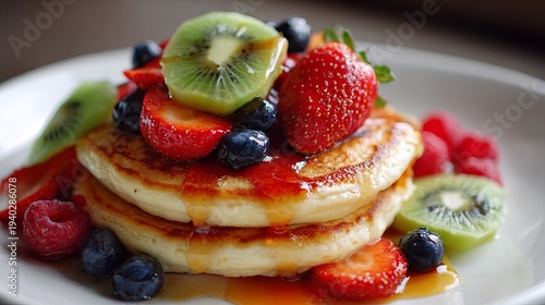 Vegan pancakes, topped with fruit and syrup, appear in a close-up shot.