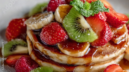 Vegan pancakes, topped with fruit and syrup, appear in a close-up shot.