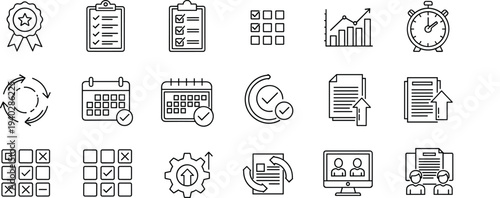 Task management and productivity line icons set, checklist calendar workflow progress tracking business organization vector illustration collection