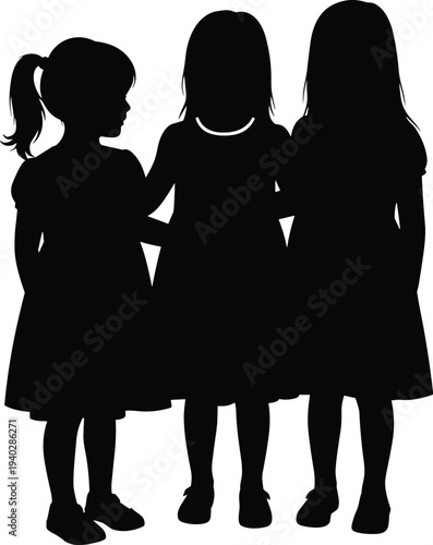 Three little girls silhouettes standing together, childhood friendship concept, kids unity and sisterhood theme, minimalist black vector illustration