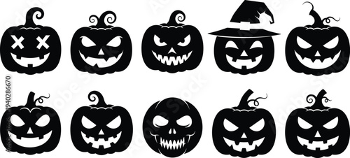 WebHalloween, pumpkin, jack, o, lantern, silhouette, icon, set, spooky, scary, cartoon, vector, illustration, isolated, black, design, collection, autumn, decoration, clipart