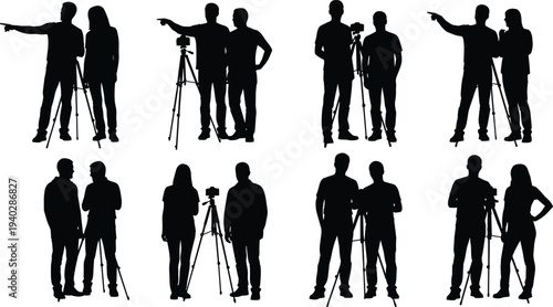 Videographers with camera tripod silhouettes set, photography team working together, professional filmmakers recording video production, media crew illustration collection