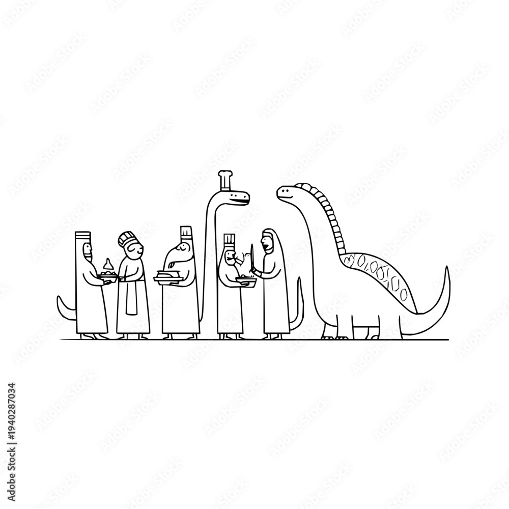 Obraz premium People in robes standing with dinosaur