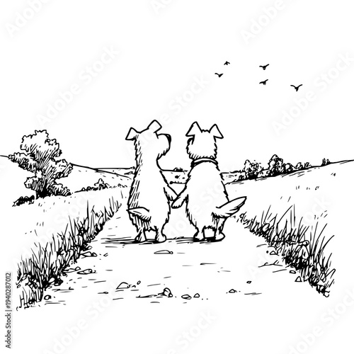 Two Dogs Walking on Dirt Path in Countryside