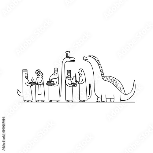 People in robes standing with dinosaur