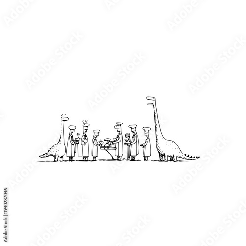 Dinosaurs and People Line Illustration